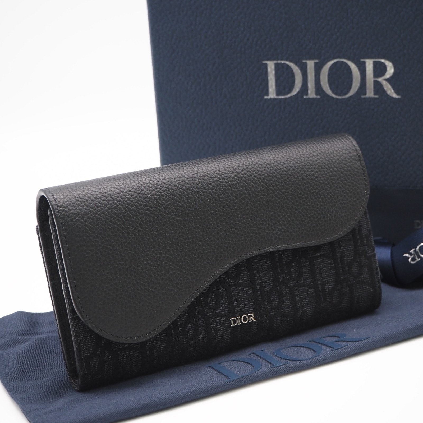 美品 Dior ディオール ディオール オブリーク ジャカード グレインドカーフスキン Saddle ロングウォレット 2ADBC321YKS 長財布 ブラック グレー キャンバス レザー メンズ