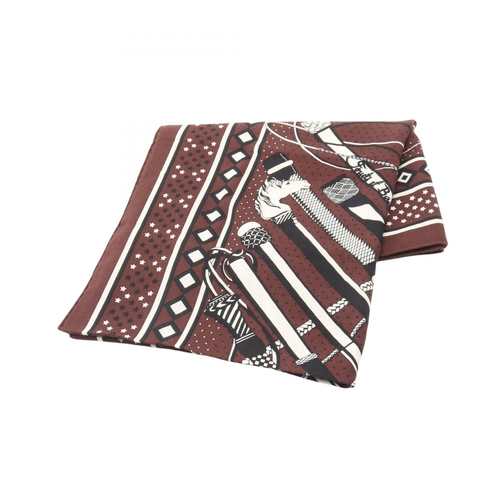 エルメス HERMES カレジェアン カレ140 Fouets et Badines Bandana スカーフ 衣料品 シルク カシミヤ シルク ホワイト レディース ブラウン系 / ブラック系 / ホワイト系 【中古】