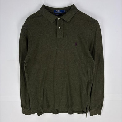 古着 ポロ・ラルフローレン POLO RALPH LAUREN 鹿の子 長袖シャツ ワンポイント ポニー ポロシャツ ロングスリーブ L カーキ系 メンズ