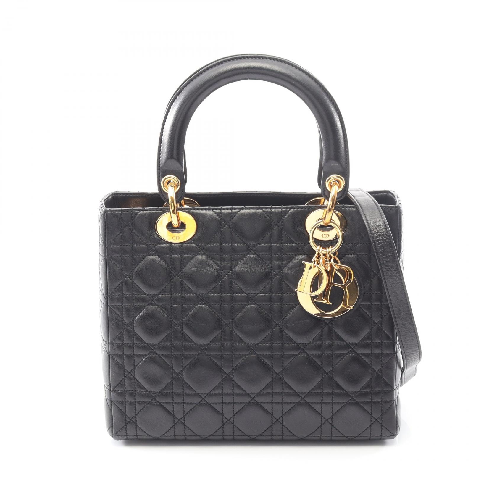 ディオール Dior LADY DIOR レディディオール カナージュ ハンドバッグ バッグ レザー レディース ブラック系 【中古】