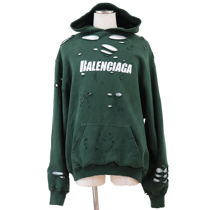 【美品】BALENCIAGA バレンシアガ スウェットパーカー サイズ XXS メンズ レディース ユニセックス 2021年製 UNIFIT ロゴ プリント デストロイ フェイクレイヤード コットン100% フーディー プルオーバー 長袖 緑 ポルトガル製