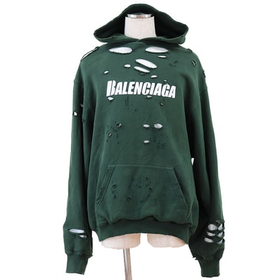 【美品】BALENCIAGA バレンシアガ スウェットパーカー サイズ XXS メンズ レディース ユニセックス 2021年製 UNIFIT ロゴ プリント デストロイ フェイクレイヤード コットン100% フーディー プルオーバー 長袖 緑 ポルトガル製