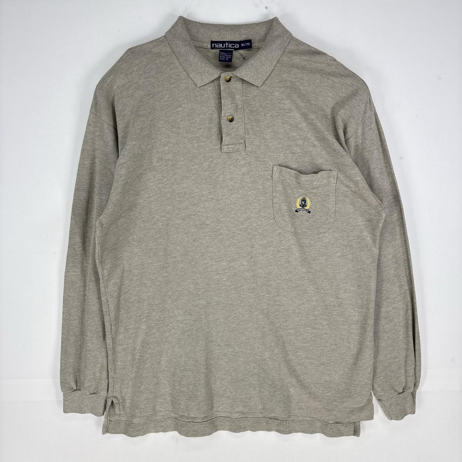 古着 90's/90年代 ノーティカ NAUTICA 鹿の子 長袖シャツ ワンポイント 胸ポケット ポロシャツ ロングスリーブ XL グレー系 メンズ