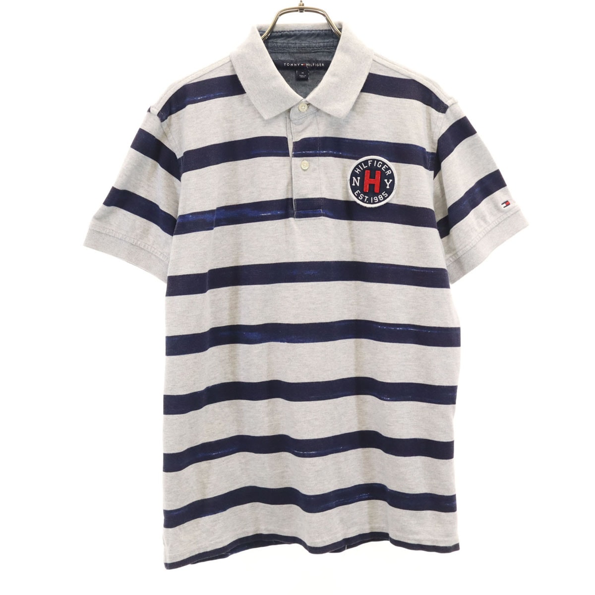 TOMMY HILFIGER トミーヒルフィガー ボーダー柄 半袖 ポロシャツ M グレー