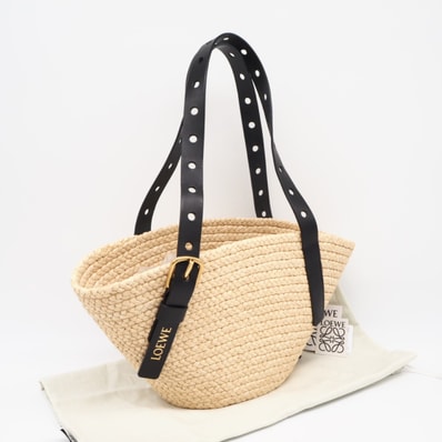 美品 LOEWE ロエベ ラフィア レザー パンチホール バスケットバッグ スモール A223BBPX01 ハンドバッグ ブラック ベージュ カーフレザー ラフィア レディース