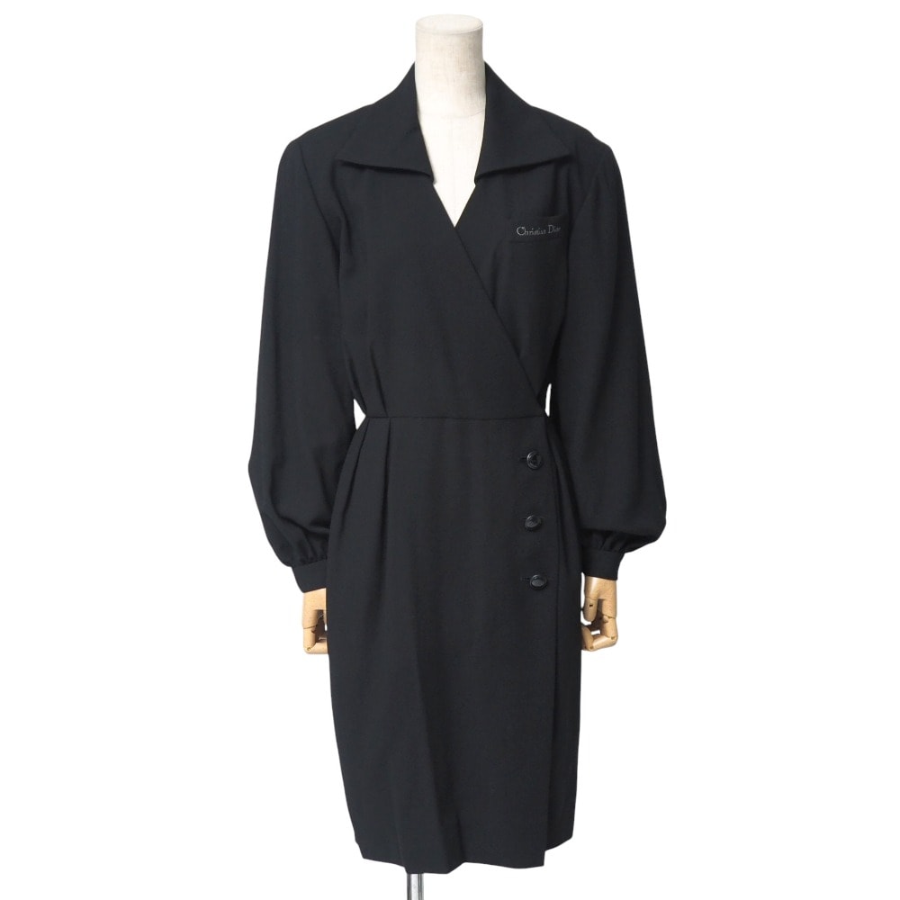 ■美品■Christian Dior クリスチャンディオール ヴィンテージ ワンピース サイズ9 ロング カシュクール ロゴ刺繍 ウール ドレス ブランド古着【中古】20250715/RA5441