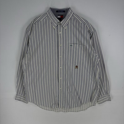古着 90's/90年代 トミーヒルフィガー TOMMY HILFIGER 長袖シャツ 胸ポケット ワンポイント L ホワイト系 ストライプ メンズ