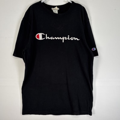 古着 チャンピオン Champion 半袖Tシャツ ロゴ 刺繍 クルーネック 肉厚 LARGE ブラック 無地 メンズ