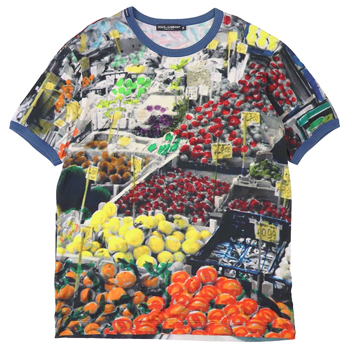 SALE【美品】DOLCE&GABBANA ドルチェアンドガッバーナ リンガーTシャツ サイズ 54 メンズ マルシェ ベジタブル 野菜 プリント ショートスリーブ 半袖 トップス マルチカラー 総柄 イタリア製