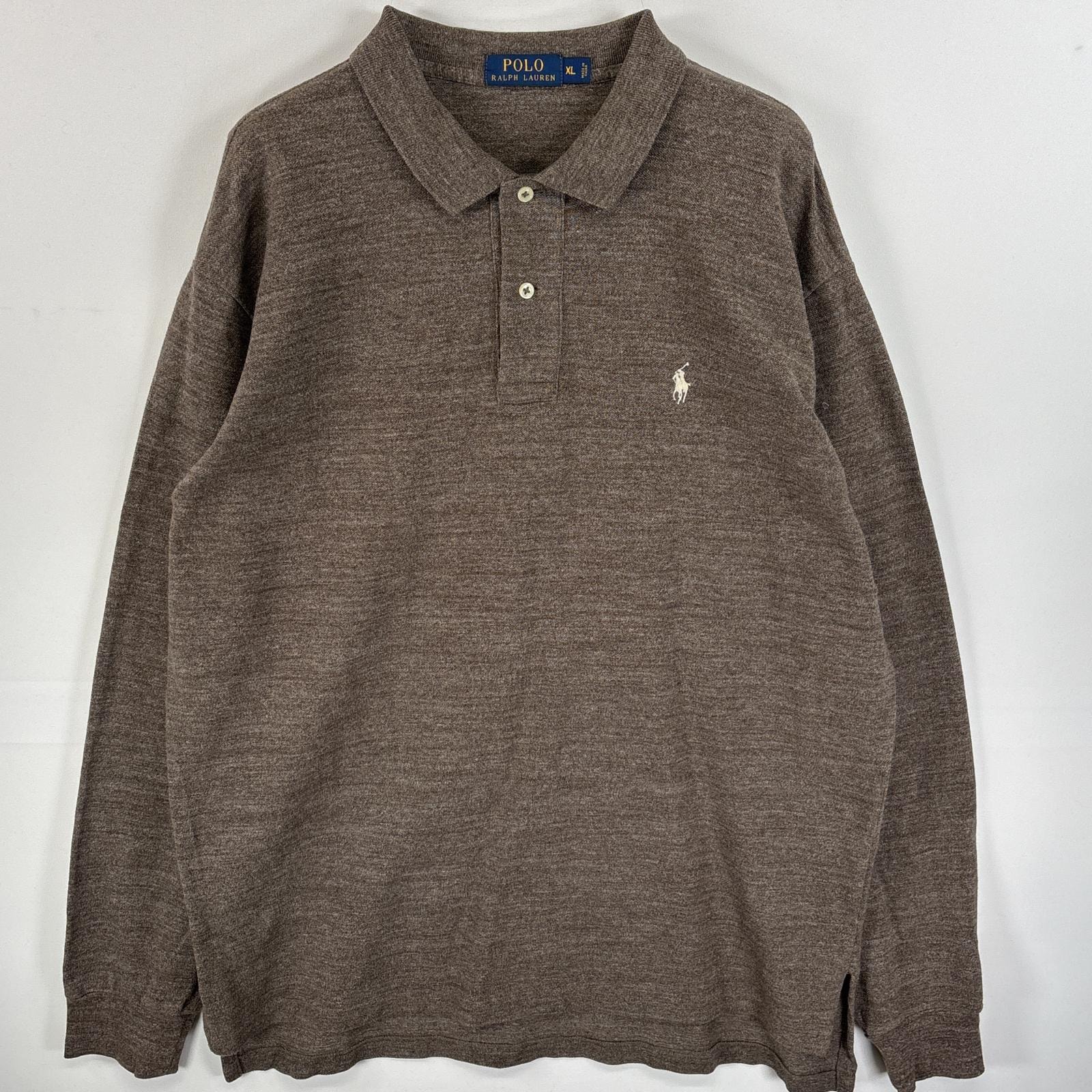 古着 ポロ・ラルフローレン POLO RALPH LAUREN 長袖 ポロシャツ ワンポイント ロゴ 刺繍 大きいサイズ 混色生地 XL  ブラウン系 無地 メンズ