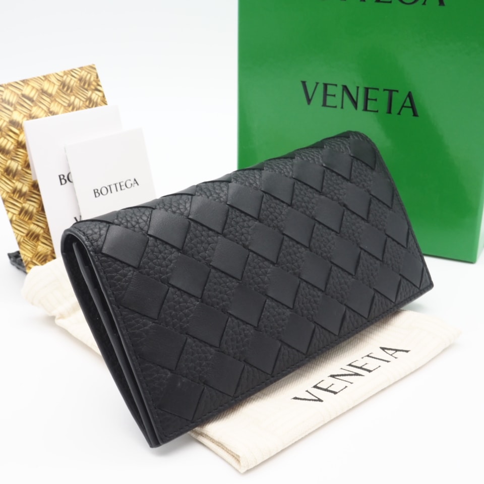 美品 BOTTEGAVENETA ボッテガヴェネタ カーフレザー イントレチャート コインパース付きロングウォレット 814673V63U18803 長財布 ブラック カーフレザー メンズ