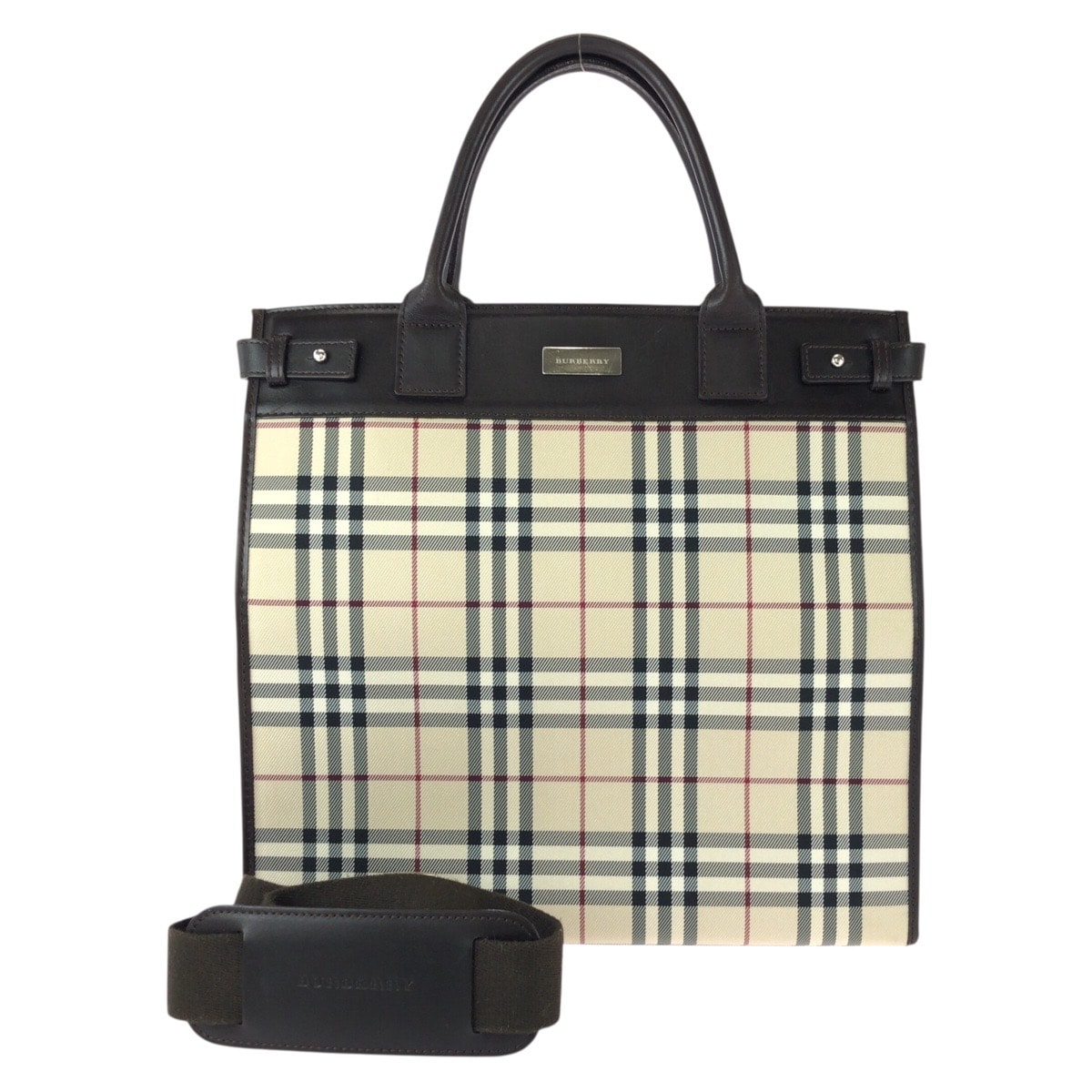 美品 BURBERRY バーバリー チェック柄 2way ベージュ ダークブラウン シルバー金具 キャンバス レザー/ トートバッグ ショルダーバッグ 603755 【中古】