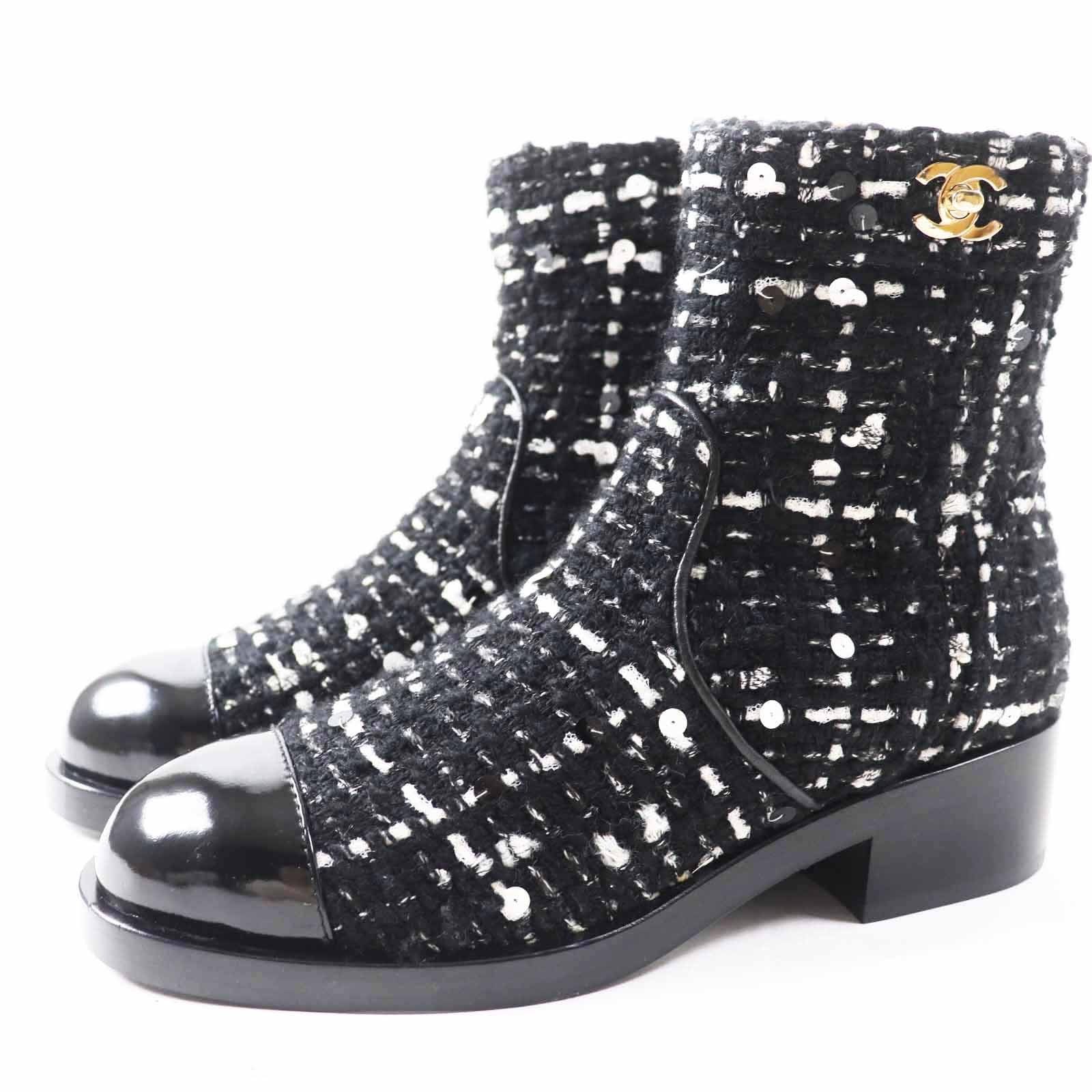 未使用品 シャネル
 ショートブーツ ブラック ホワイト レディース 36 G36763