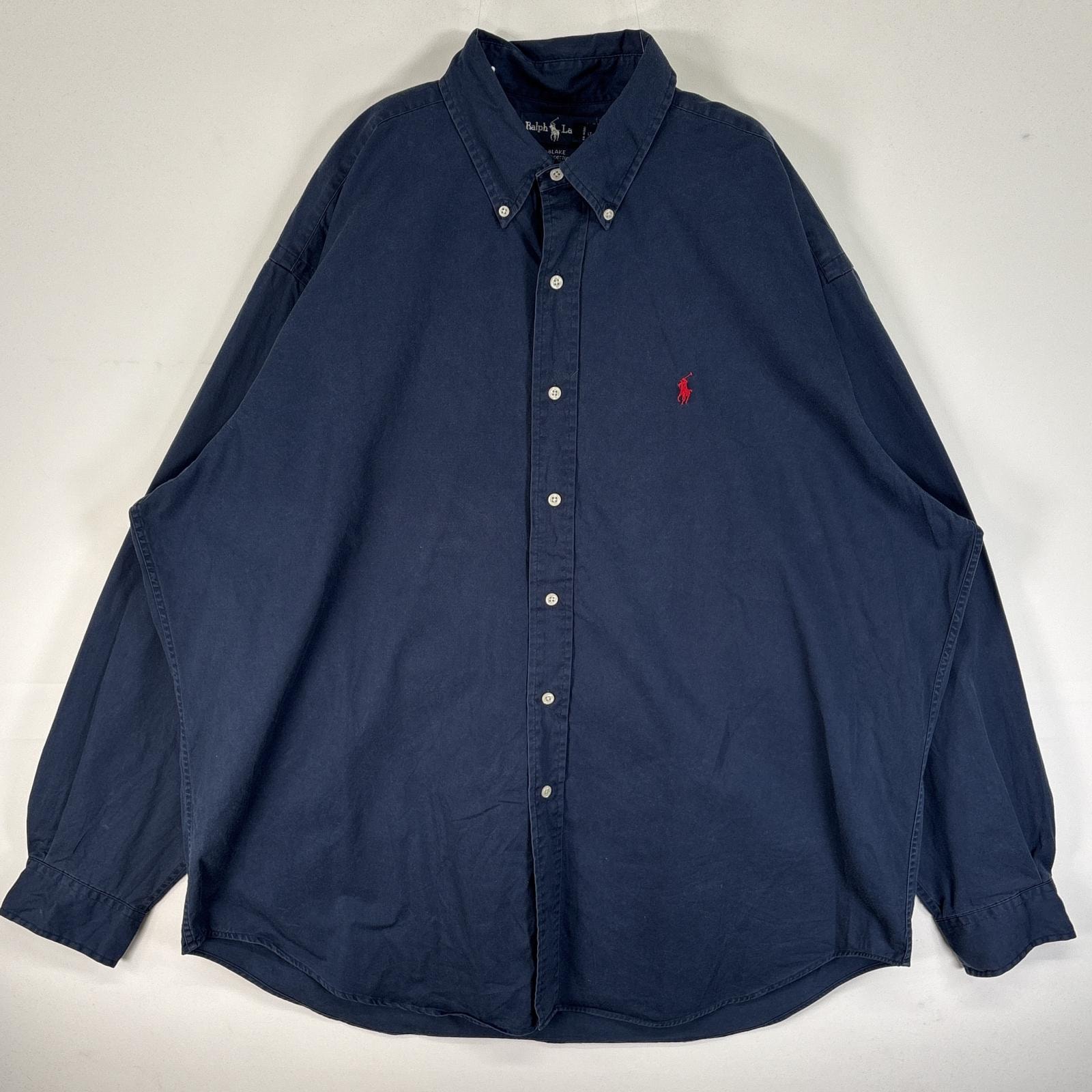 古着 ラルフローレン RALPH LAUREN 長袖シャツ ロゴ 刺繍 ボタンダウン 大きいサイズ XL  ネイビー 無地 メンズ
