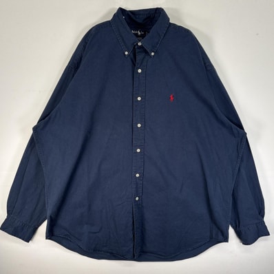 古着 ラルフローレン RALPH LAUREN 長袖シャツ ロゴ 刺繍 ボタンダウン 大きいサイズ XL ネイビー 無地 メンズ