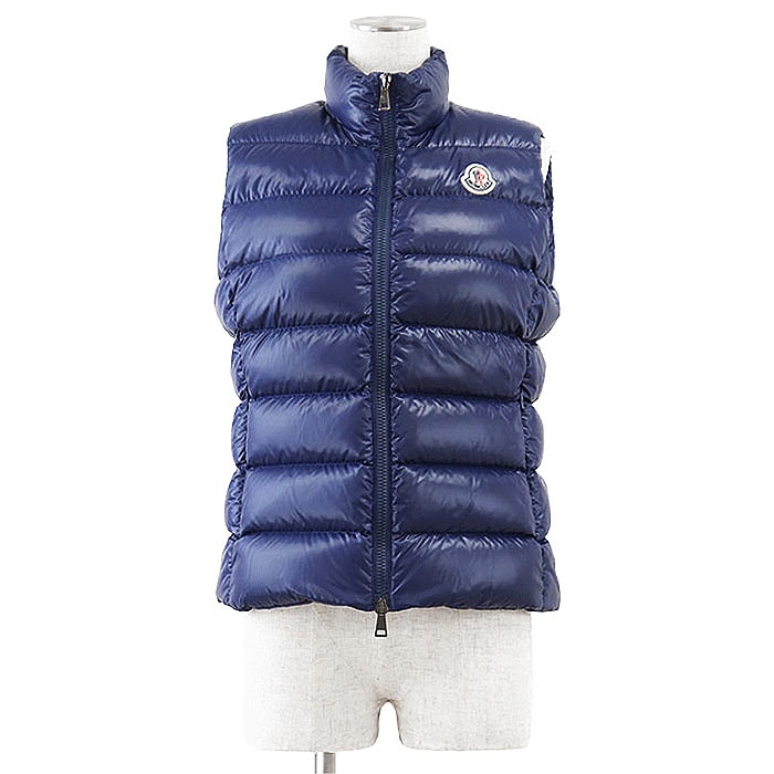 【美品】MONCLER モンクレール ダウンベスト GHANY ガーニー サイズ 2 レディース 2021年製 ロゴ ワッペン スリムフィット ジップアップ ノースリーブ ナイロンラケ ナイロン100% ジャケット アウター ブルー 青 モルドバ製