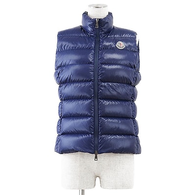 【美品】MONCLER モンクレール ダウンベスト GHANY ガーニー サイズ 2 レディース 2021年製 ロゴ ワッペン スリムフィット ジップアップ ノースリーブ ナイロンラケ ナイロン100% ジャケット アウター ブルー 青 モルドバ製