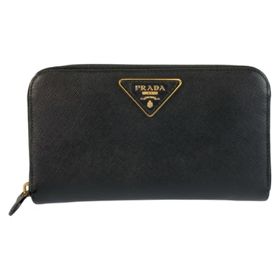 美品 PRADA プラダ サフィアーノ 三角ロゴプレート ブラック 黒 ゴールド金具 レザー 長財布 ロングウォレット 602439 【中古】