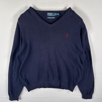 古着 90's/90年代 ポロバイラルフローレン Polo by Ralph Lauren セーター コットンニット Vネック ワンポイントロゴ 薄手 XL ネイビー メンズ