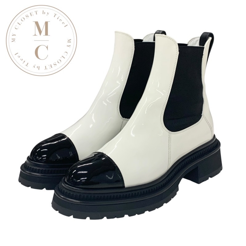 シャネル CHANEL ブーツ ショートブーツ 靴 シューズ パテント ホワイト ブラック ココマーク サイドゴア