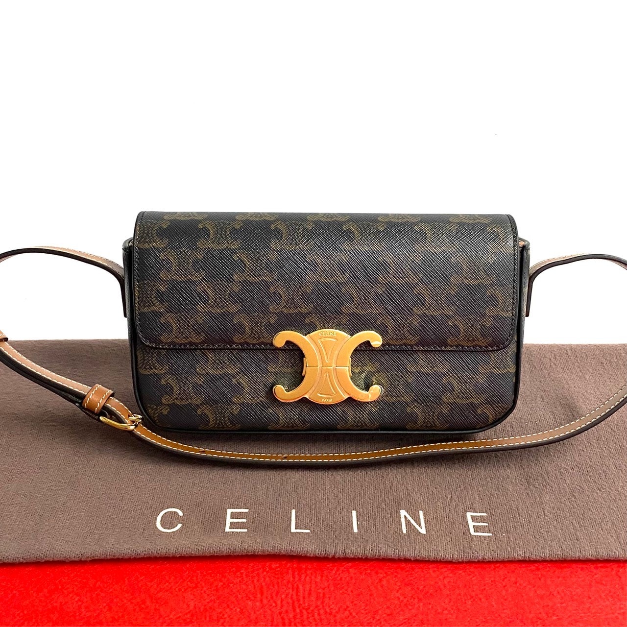 CELINE セリーヌ クロード トリオンフ ロゴ 金具 レザー PVC ショルダーバッグ ブラウン
 01586