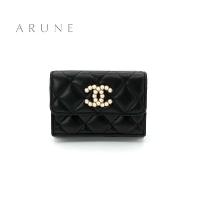 シャネル CHANEL 財布 三つ折り財布 ミニ財布 ミニウォレット ブラック ホワイト マトラッセ ココマーク パール コンパクトウォレット