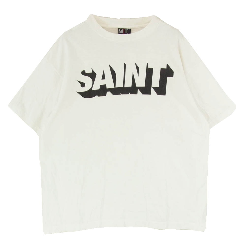 SAINT MICHAEL セントマイケル SM-HR1-0000-018 聖人Mxxxxxx SS TEE SAINT ロゴ プリント 半袖 Tシャツ ユーズド フェード ダメージ ペンキ汚し 加工 ホワイト系 L【中古】