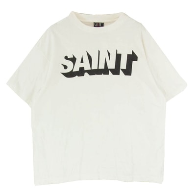 SAINT MICHAEL セントマイケル SM-HR1-0000-018 聖人Mxxxxxx SS TEE SAINT ロゴ プリント 半袖 Tシャツ ユーズド フェード ダメージ ペンキ汚し 加工 ホワイト系 L【中古】