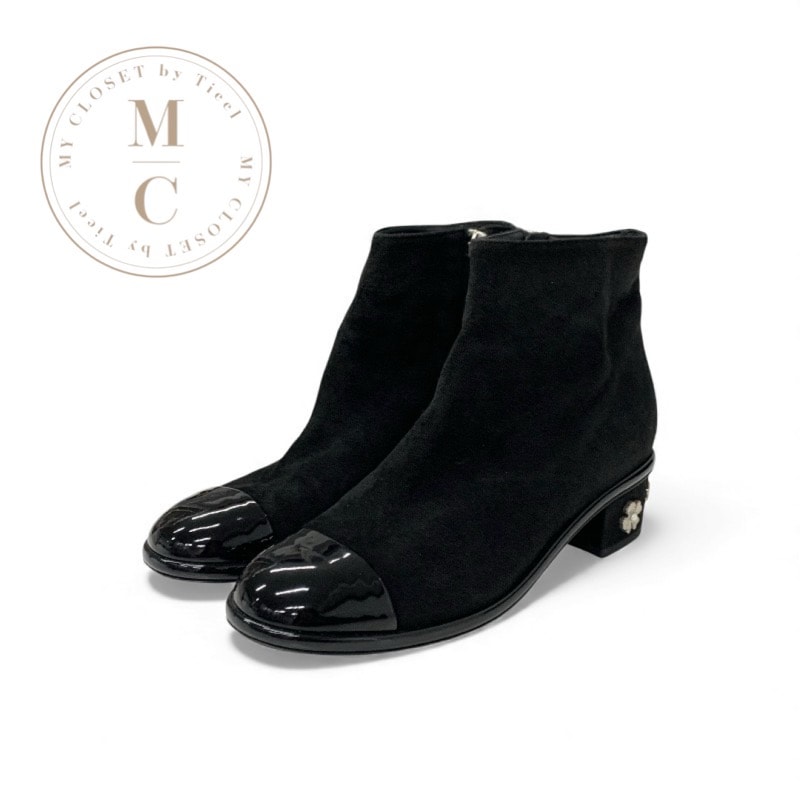 シャネル CHANEL ブーツ ショートブーツ 靴 シューズ スエード パテント ブラック シルバー ココマーク ロゴ チャーム アンクルブーツ