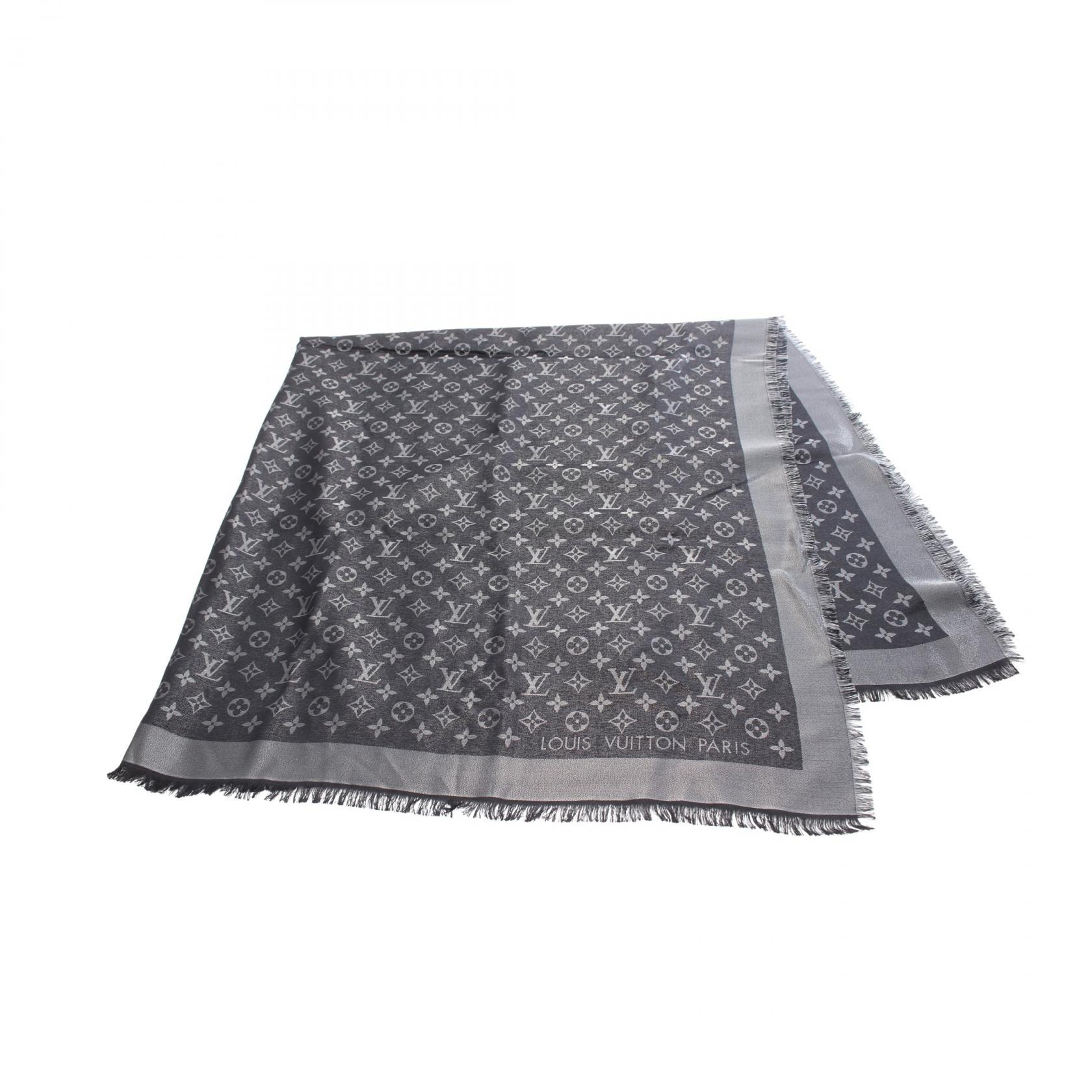 ルイ・ヴィトン LOUIS VUITTON ショール モノグラムシャイン ストール 衣料品 シルク ウール レーヨン シルバー レディース ブラック系 / シルバー系 M75123 【中古】