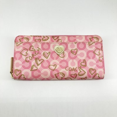 COACH(コーチ) ウェイバリー ハーツ コーティングキャンバス ラウンドファスナー F44773 長財布 ピンク