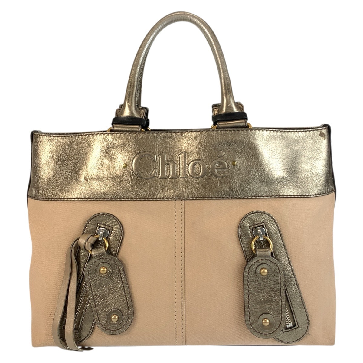 Chloe クロエ ベージュ ブロンズ ゴールド金具 キャンバス レザー/ トートバッグ ハンドバッグ 600745 【中古】