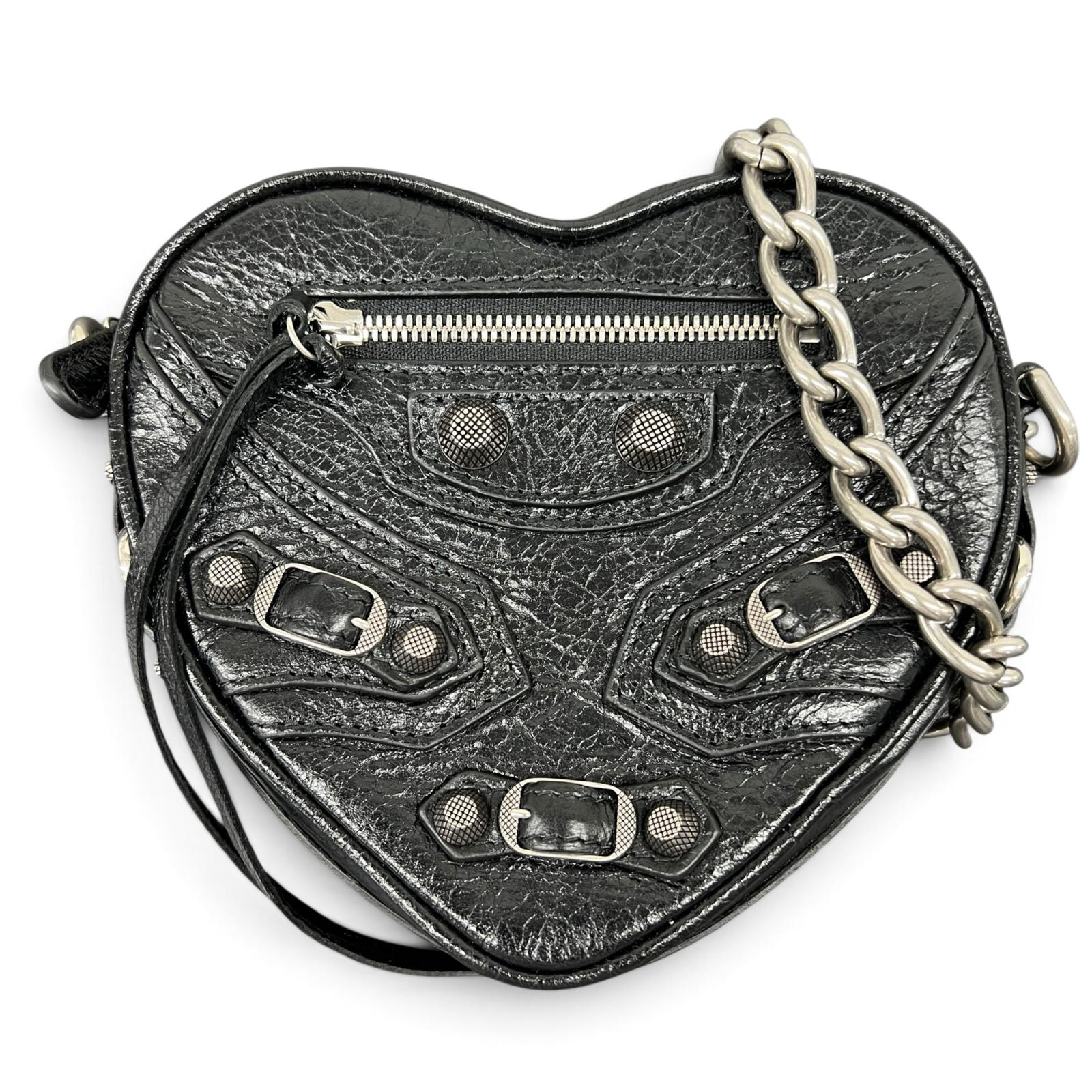BALENCIAGA 極美品 バレンシアガ Le Cagole ル カゴール ハート チェーンショルダーバッグ 722781 レザー ブラック クロスボディ ポシェット スタッズ Y2K Aランク 中古 鑑定済