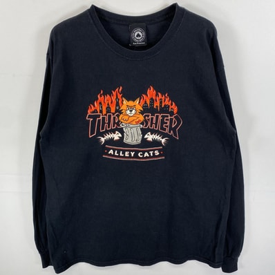 古着 スラッシャー THRASHER 長袖Tシャツ 片面プリント ブランドロゴ ファイヤーパターン L ブラック メンズ