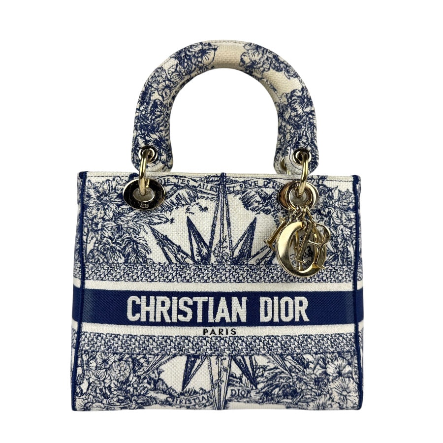 クリスチャンディオール Christian Dior ハンドバッグ ショルダーバッグ D-LITE ミディアム キャンバス ホワイト/ネイビー ゴールド レディース【中古】 z5317