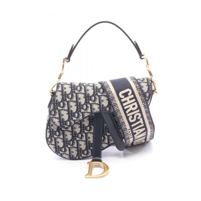 ディオール Dior サドルバッグ ミニ オブリーク 2WAY ハンドバッグ バッグ キャンバス レザー レディース ネイビー系 / ベージュ系 【中古】