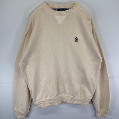 古着 90's/90年代 トミーヒルフィガー TOMMY HILFIGER コットンニットセーター クルーネック ワンポイントロゴ XL ホワイト系 メンズ