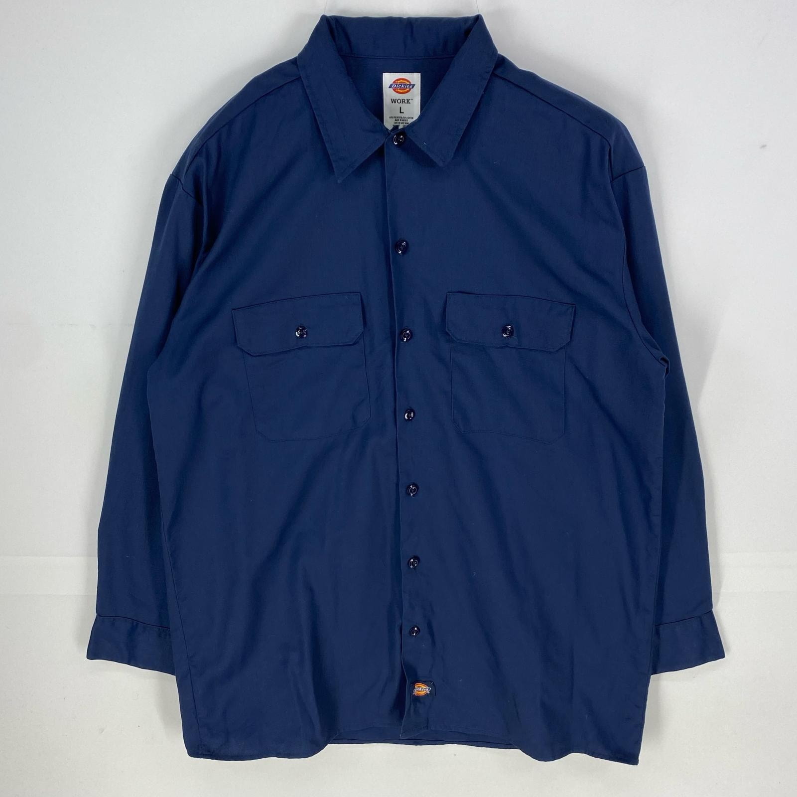 古着 ディッキーズ Dickies 長袖シャツ ワーク 胸ポケット ロングスリーブ 作業着 L ネイビー系 無地 メンズ