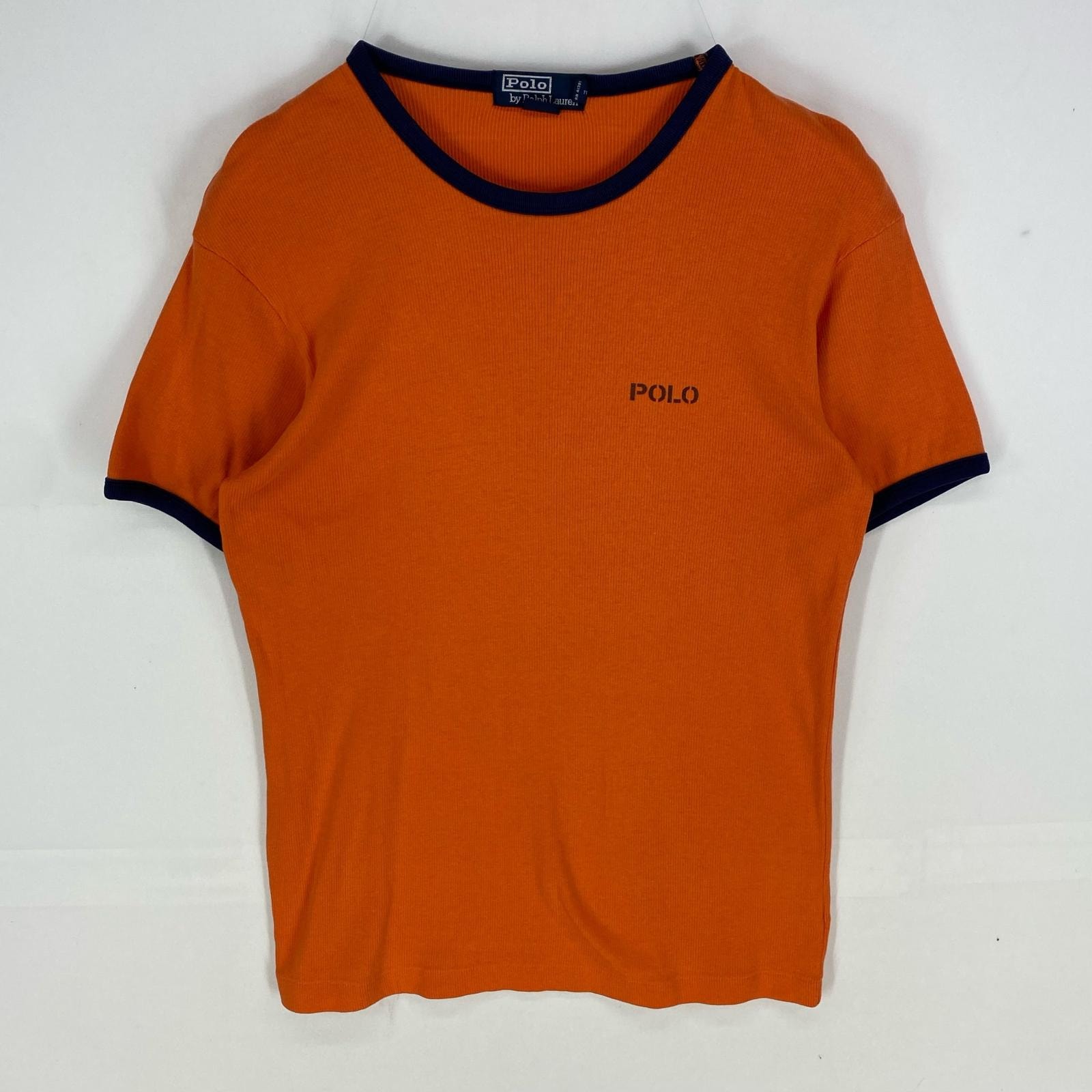 古着 ポロバイラルフローレン Polo by Ralph Lauren ヘリンボーン 半袖Tシャツ リンガー ワンポイントプリント M オレンジ系 メンズ