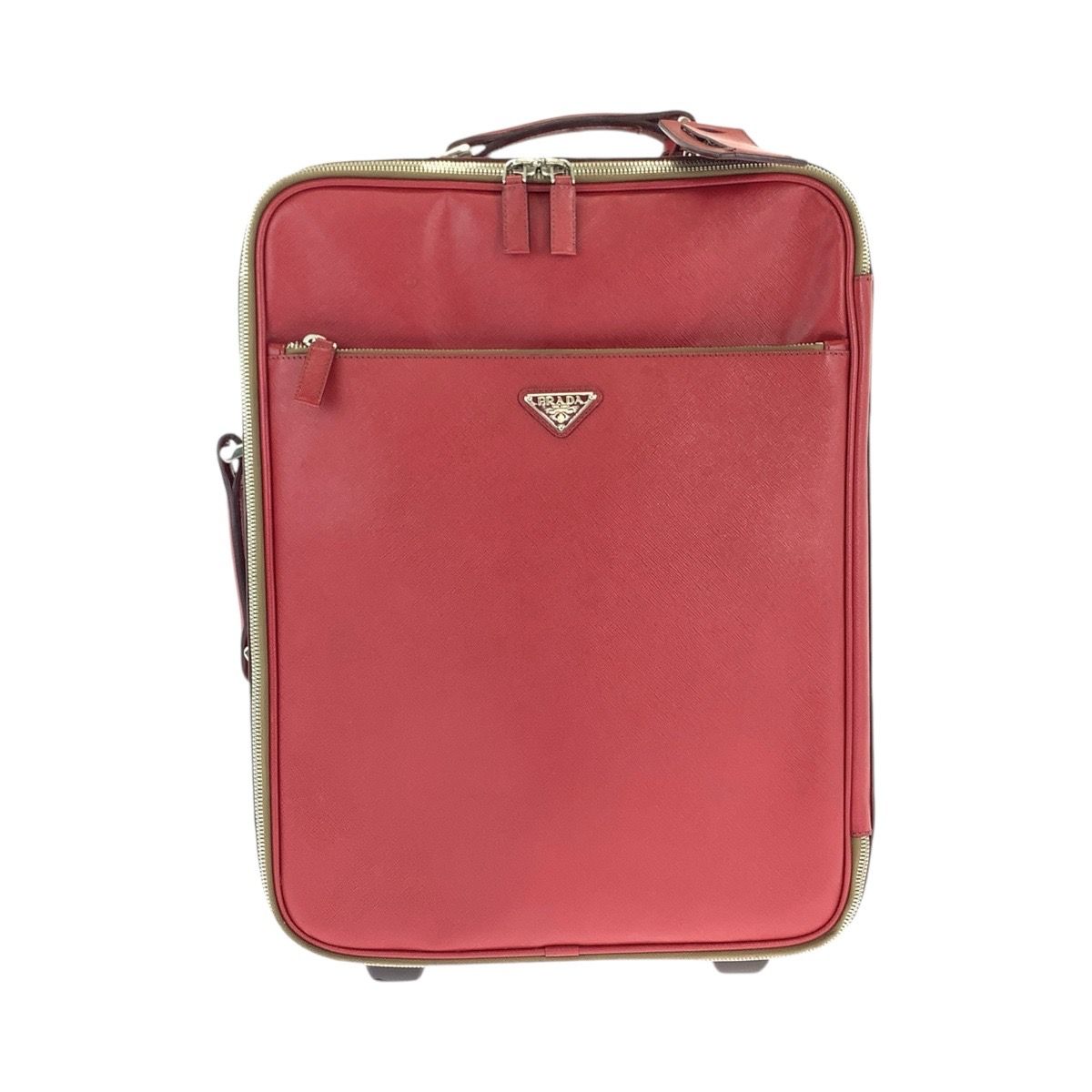 PRADA プラダ サフィアーノ 三角ロゴプレート レッド シルバー金具 レザー キャリーバッグ スーツケース キャリーケース 407752 【中古】