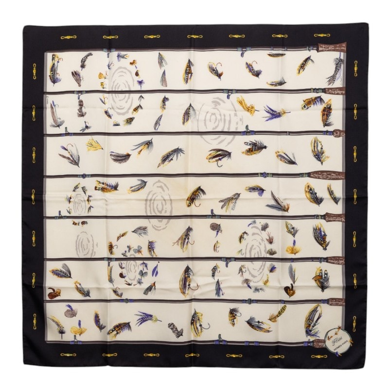 エルメス カレ90 Flies フライ スカーフ 大判 ブラック マルチカラー シルク レディース HERMES 【中古】