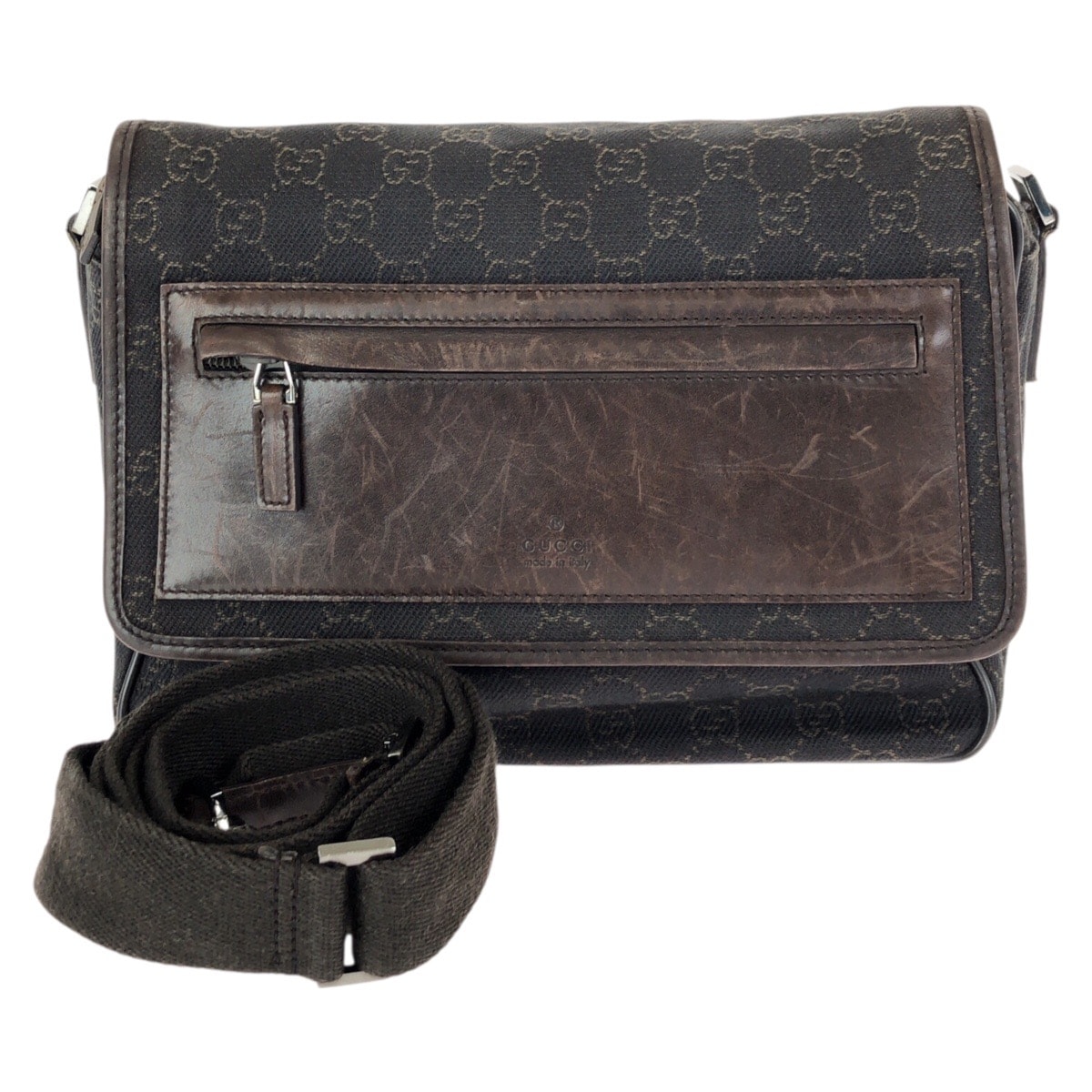 GUCCI グッチ ダークブラウン シルバー金具 GGキャンバス レザー/ ショルダーバッグ メッセンジャーバッグ 602132 【中古】