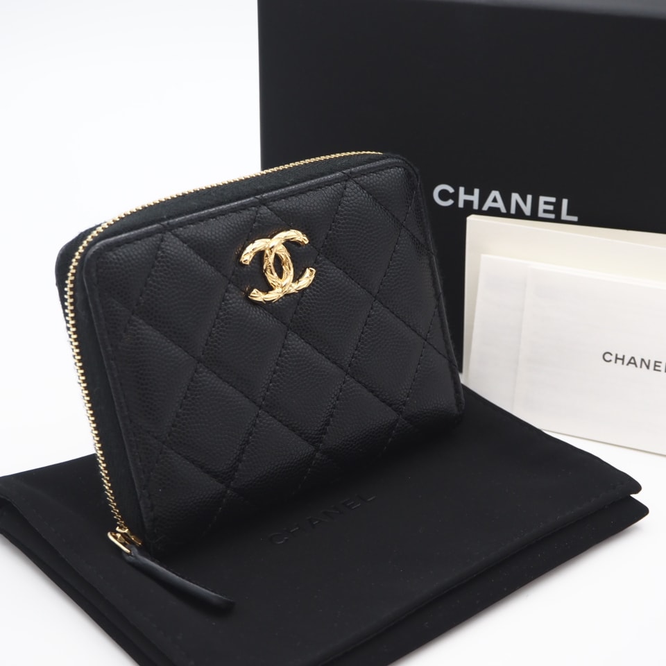極美品 CHANEL シャネル マトラッセ ココマーク 二つ折り財布 AP5016 二つ折り財布 ブラック ゴールド キャビアスキン レディース