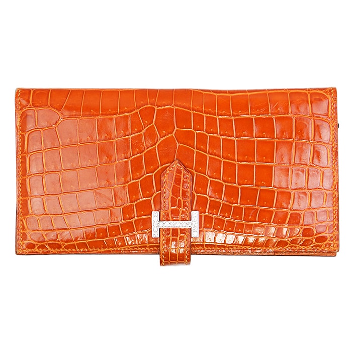 【新品同様】HERMES エルメス 長財布 Bearn Niloticus Crocodile ベアン ニロティカス クロコダイル K18WG ホワイトゴールド ダイヤ金具 ベルトクロージャー ロングウォレット 革財布 箱付属 ユニセックス オレンジ 橙色