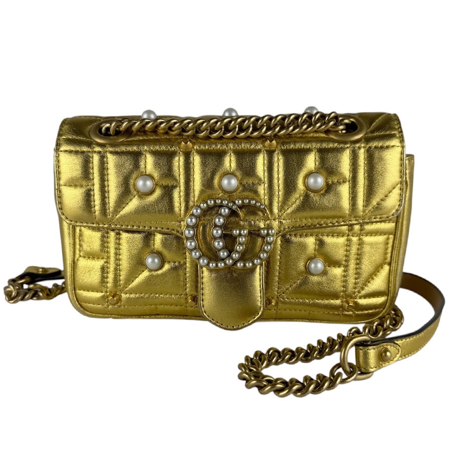 グッチ GUCCI ショルダーバッグ GGマーモント レザー/フェイクパール ゴールド レディース 446744【中古】 z10140