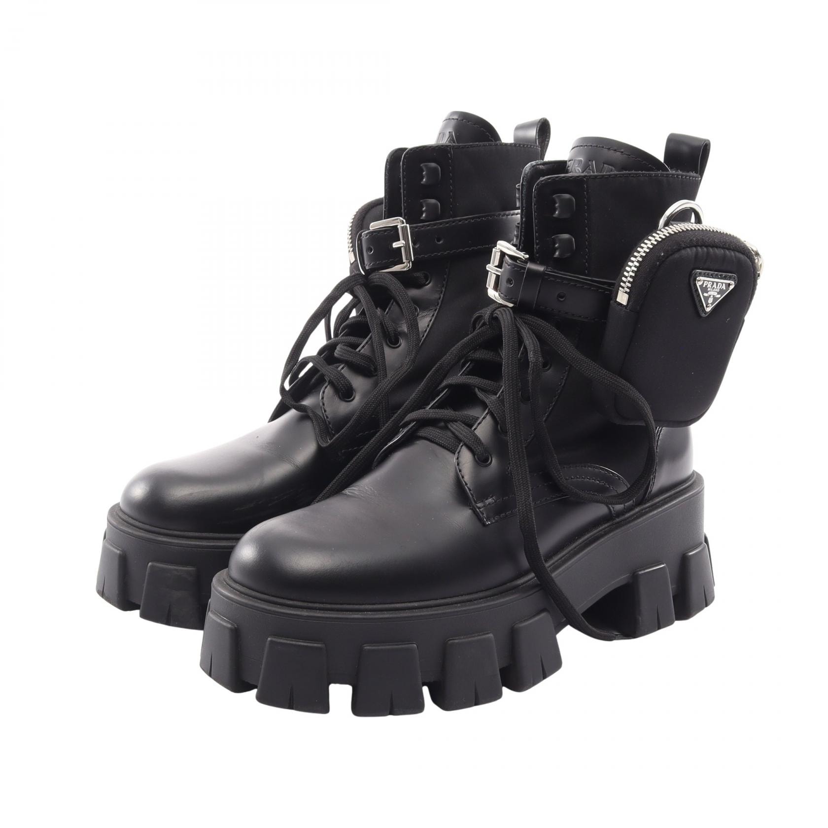 プラダ PRADA モノリス ポーチ付き ブーツ 靴 レザー ファブリック レディース ブラック系 1T255 【中古】