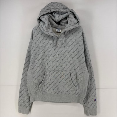 古着 チャンピオン Champion パーカー スウェット 総柄 リバースウィーブ プルオーバー ロゴ L グレー メンズ