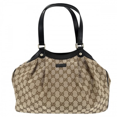 GUCCI グッチ ハンドバッグ 肩掛け トートバッグ 388919 GGキャンバス レザー ブラック 黒 ブラウン 茶 ゴールド金具 レディース【中古品】