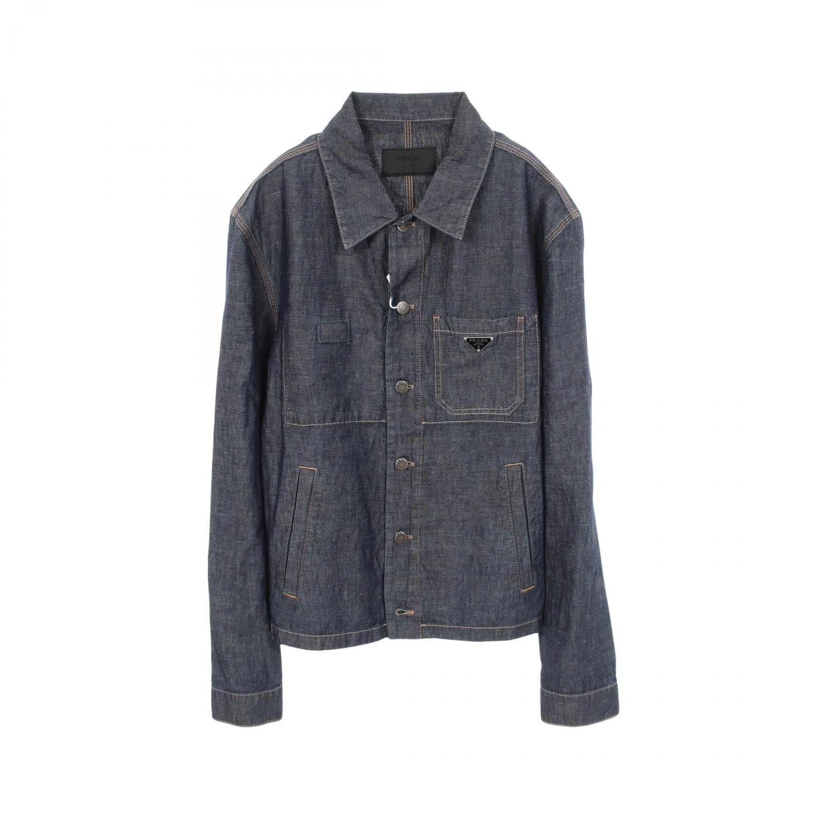 プラダ PRADA シャンブレーブルゾン デニムジャケット 衣料品 アウター コットン メンズ ネイビー系 GBE254 【中古】