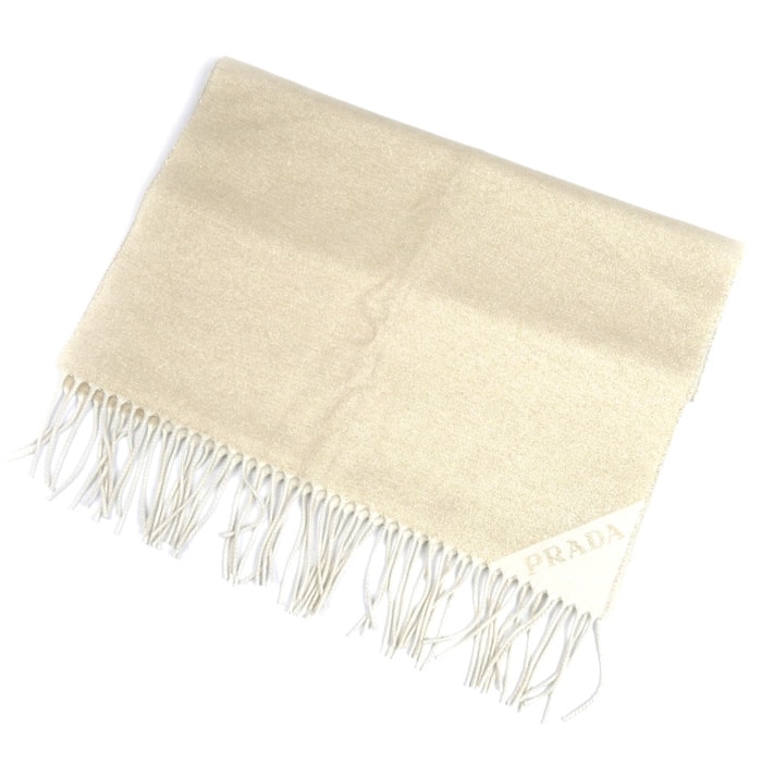 PRADA プラダ ジャガード イブニング マフラー ゴールド×ホワイト 1FS091_DGI_F0X0A ICチップ シルク×カシミヤ×ルレックス レディース【中古】【美品】